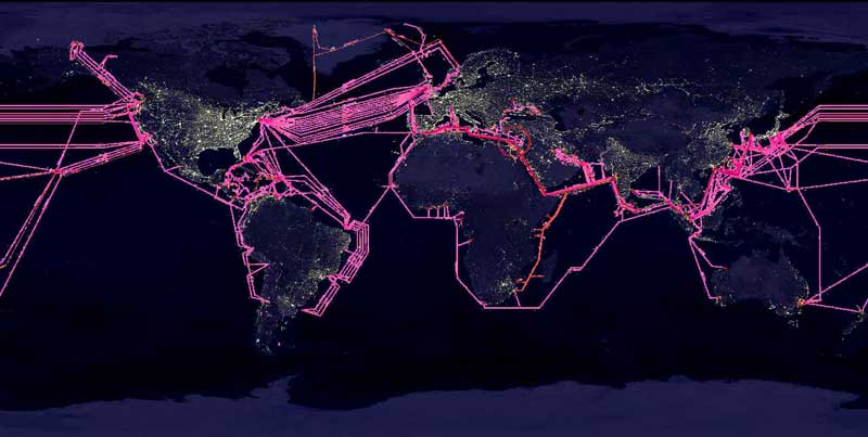 Earth with submarine fiber optic cables